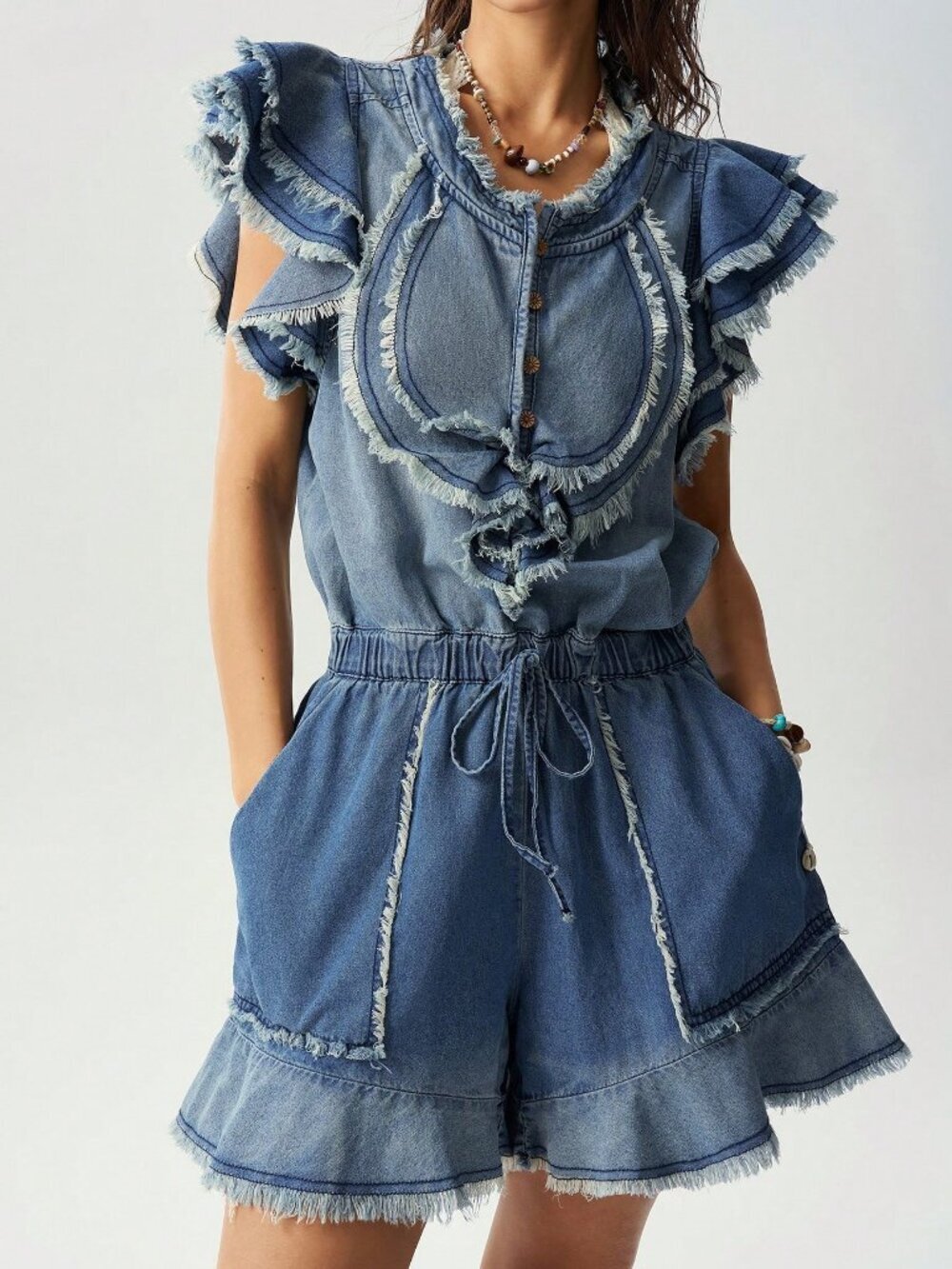 Blue Casual Women's Woven Ruffle Distressed Washed Denim romper Jumpsuit